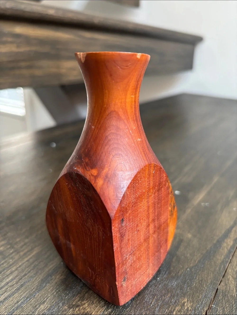 Vintage 1991 hand turned live-edge wood vase, narrow top,signed, 5x2.5”